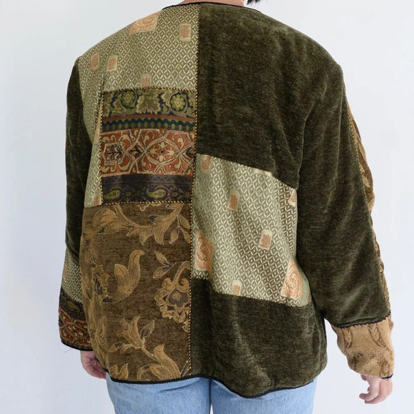 Vintage Allure Olive Green Brown Patchwork Tapestry Button Up Jacket M - Picture 3 of 11